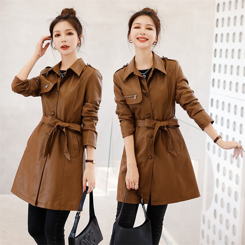 皮衣外套女春秋2023新款时尚潮流收腰气质修身显瘦长款皮衣风衣潮，女装皮衣，缘衣格