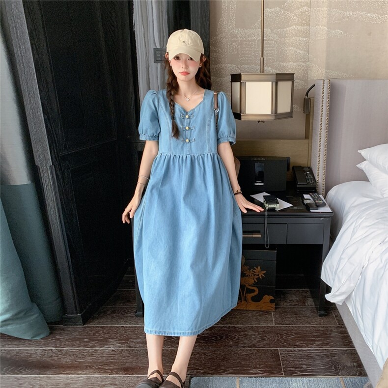 现货泡泡袖新中式牛仔连衣裙C258-2593-P130K188,女装连衣裙,2C258