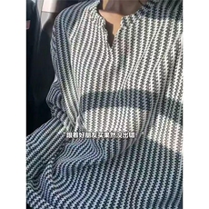 美式高街千鸟格子长袖T恤男女亨利V领英伦雅痞休闲宽松长袖打底衫，男装T恤，电商A486