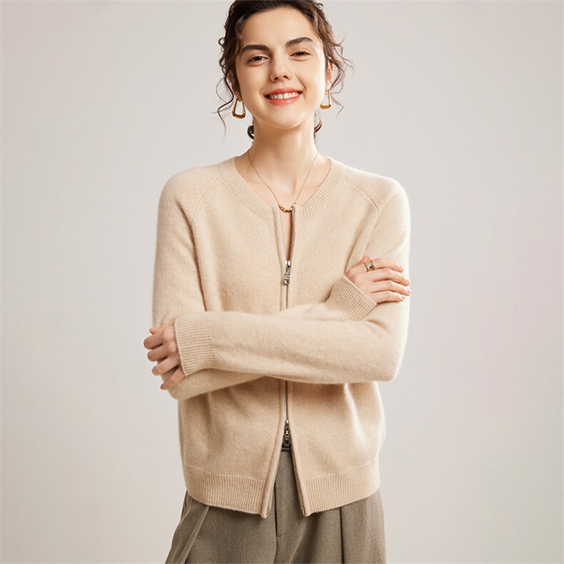 2024秋冬新款山羊绒女士圆领拉链羊绒开衫，女装羊绒衫，镁纯羊绒