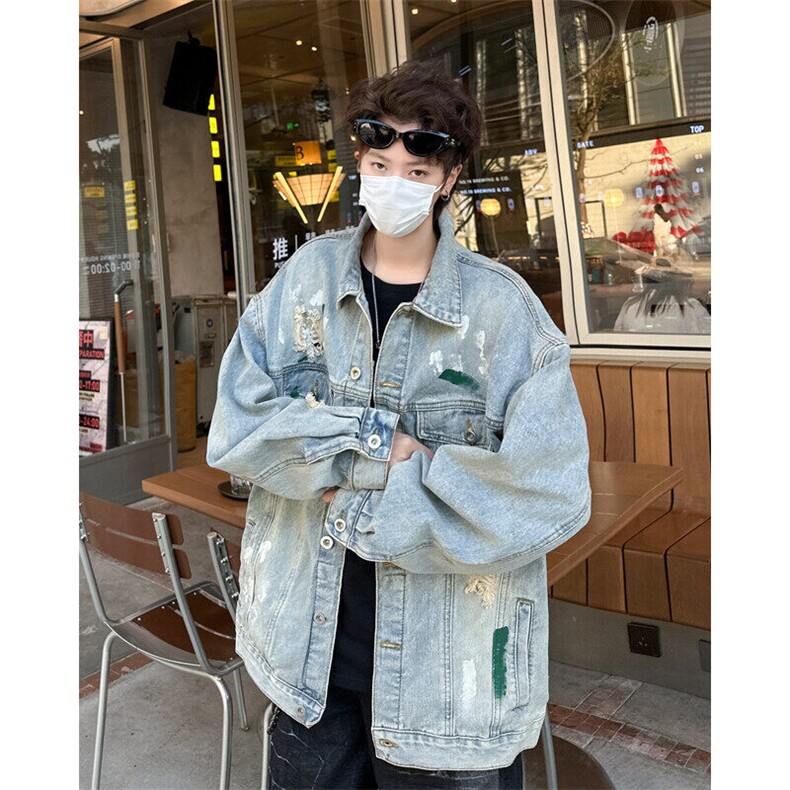 美式破洞牛仔外套男春新款潮牌泼墨工装高街翻领夹克JK08865-P65,男装夹克,星座308B-1