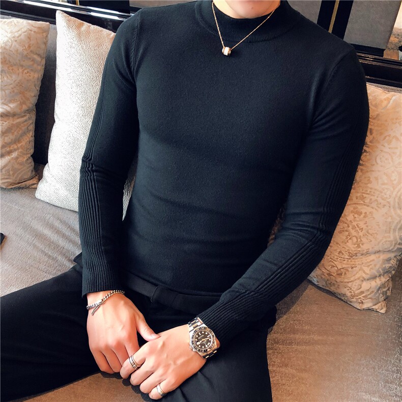 M07/p45半高领毛衣男 秋冬休闲纯色修身长袖中领针织打底衫线衣图片