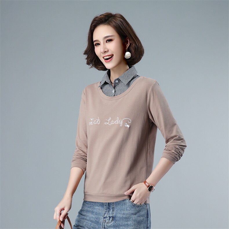 假两件纯棉套头卫衣女2021春秋新款polo领长袖字母印花宽松上衣,女装卫衣/绒衫,伊满意