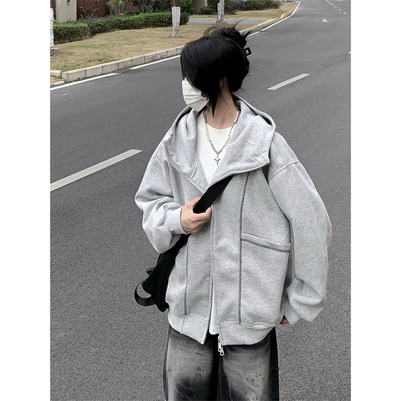 抖音得物高品质秋冬美式高街重磅结构辑明线纹理连帽卫衣外套W111,女装短外套,电商A486-1