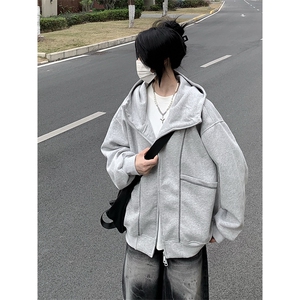 抖音得物高品质秋冬美式高街重磅结构辑明线纹理连帽卫衣外套W111图片