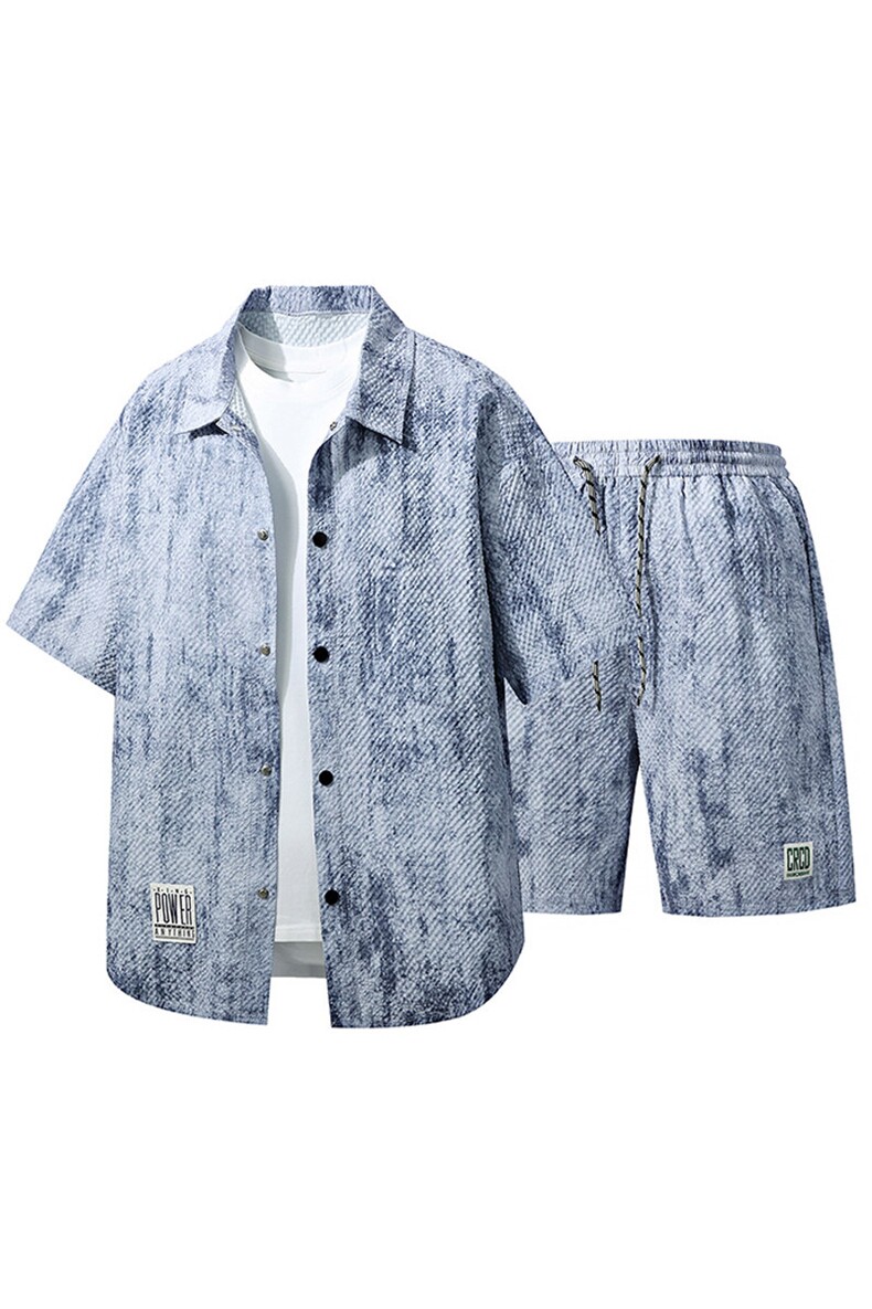 得物立体套装夏季潮牌痞帅宽松印花短袖衬衫两件套A436-T10-P60,男装衬衫,电商A436