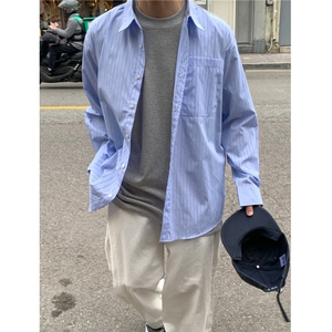 长袖衬衫男士春季韩版潮流宽松ins痞帅休闲条纹衬衣外套829P50图片