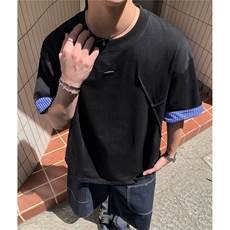 美式格子翻边设计感短袖双层撞色圆领T恤衫男D425特P35，男装T恤，电商A335-1（原A458）