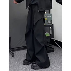 美式小众褶皱微喇加绒休闲裤男复古宽松直筒垂感百搭黑色西裤，男装西裤，星座506A