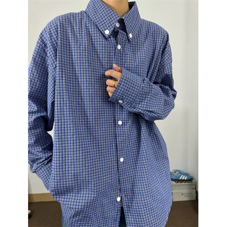 1506/QC500/P38衬衣蓝色慵懒长袖衬衫男女百搭宽松格子外套,男装衬衫,星座1506