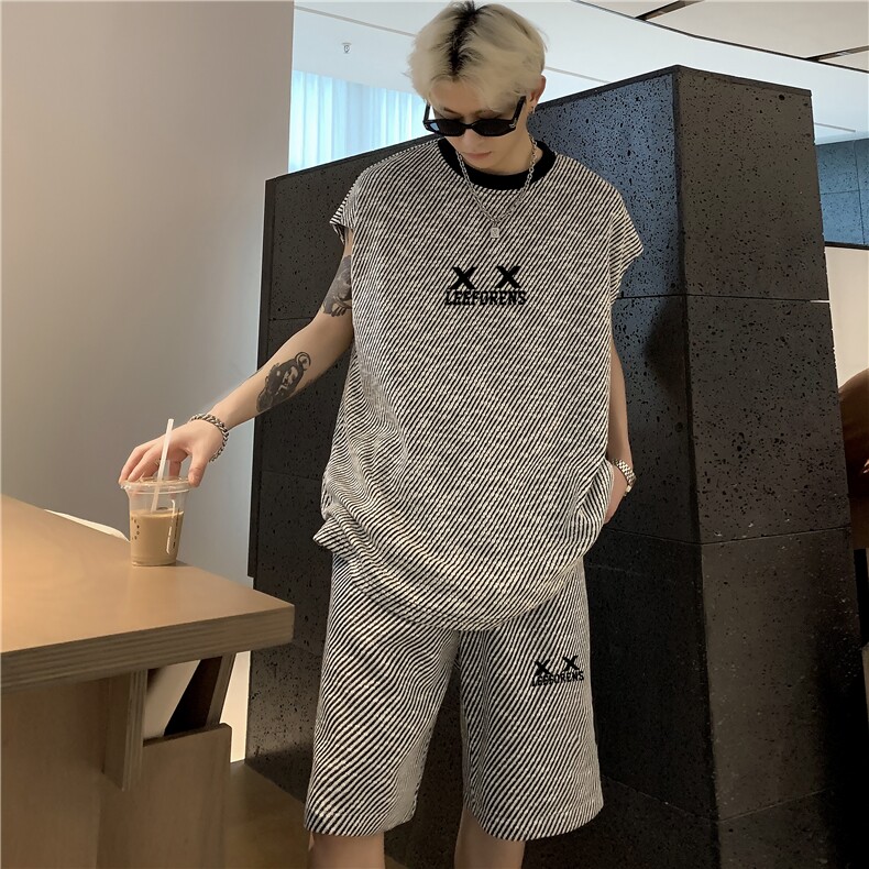 背心短裤套装男夏季痞帅时尚休闲篮球服条纹一套搭配潮牌特P55,男装背心/马甲,电商C307