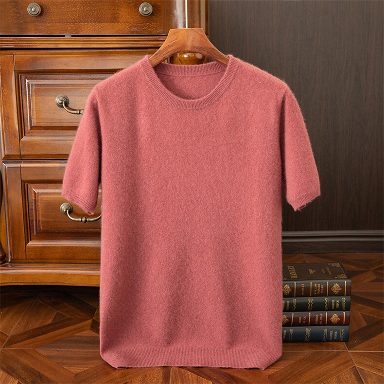 秋冬季新款简约休闲男款35%针织衫半袖,男装T恤,狄美羊绒