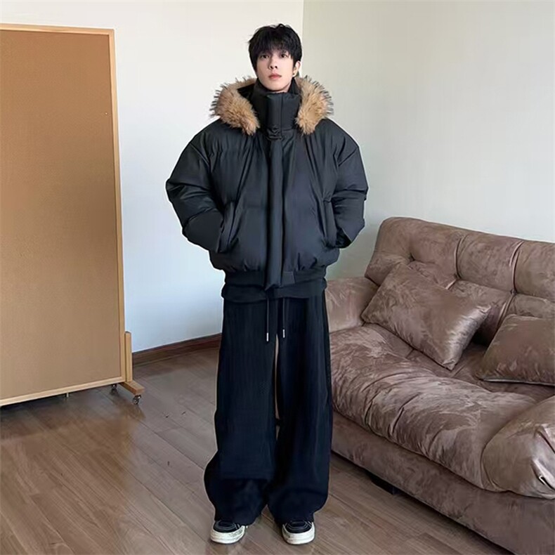 现货三防重磅硬挺boxy短款羽绒棉衣座山雕大毛毛领PU皮棉服外套冬,男装棉衣,电商A486-1