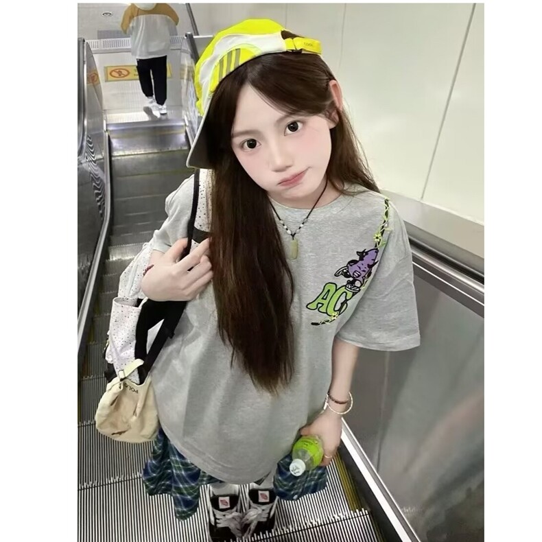 美式潮牌刺绣重磅纯棉正肩短袖t恤女大童初中高中学生设计感上衣,男装T恤,星座506A
