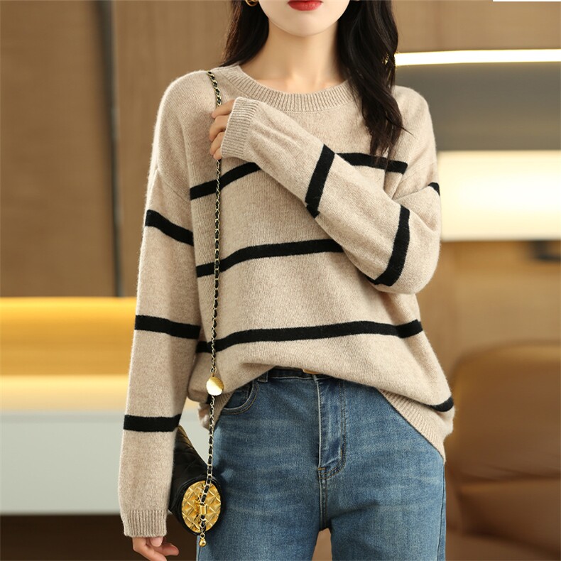 秋冬新款圆领条纹100羊毛针织衫女士长袖宽松百搭内搭打底毛衣，女装羊毛衫，唯若美羊绒
