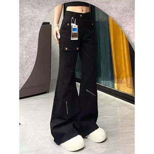美式街头黑色拉链工装牛仔裤秋冬高腰宽松百搭微喇长裤L6644-P45图片