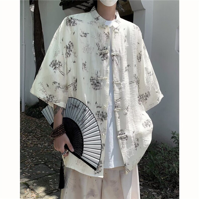 风盘扣衬衫夏季潮牌新中式竹子印花五分袖-CS185-P30，男装T恤，星座1002-2