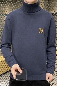 秋冬可翻高领毛衣男NY纯色长袖男刺绣毛衫打底针织衫深灰M251P33图片