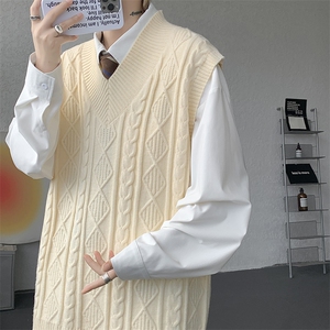 韩系叠穿复古麻花针织衫马甲男学院风早秋穿搭上衣服背心9097P58图片