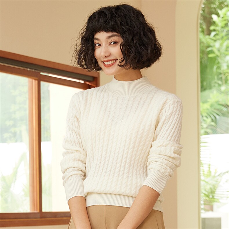 2025年秋季新款十二针全身扭花半高领针织女士上衣时尚休闲通勤，女装羊绒衫，高粱穗羊绒