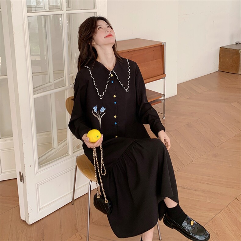 黑色刺绣娃娃领连衣裙女2025春秋季新款法式复古显瘦长袖衬衫裙,女装连衣裙,2C283