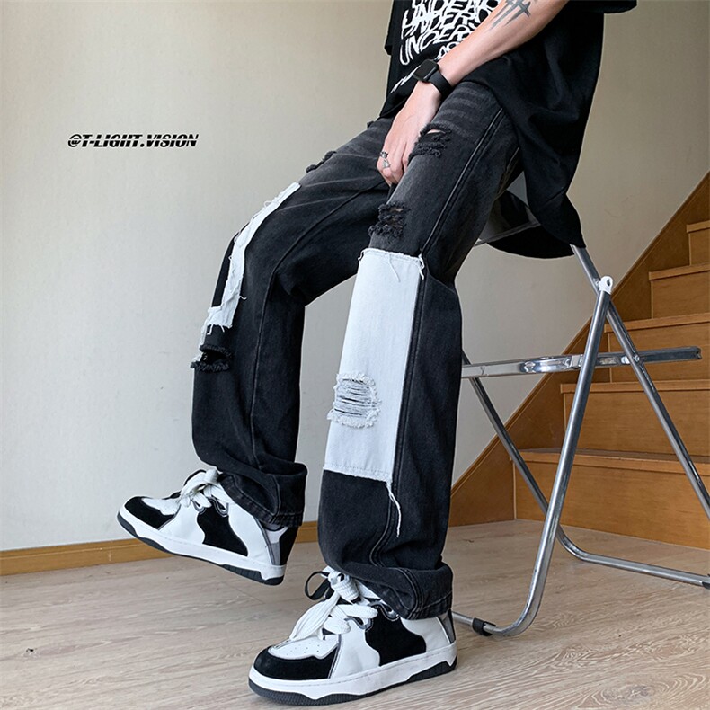 B221美式ins高街小众个性拼接宽松破洞牛仔裤LK23099-P65控88,男装牛仔裤,电商B221