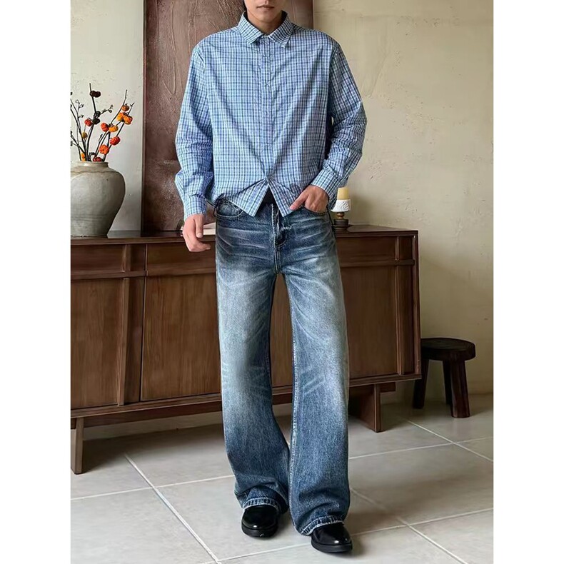 26新款复古水洗做旧cleanfit牛仔裤男宽松直筒潮牌痞帅微喇裤子，男装牛仔裤，星座218-8