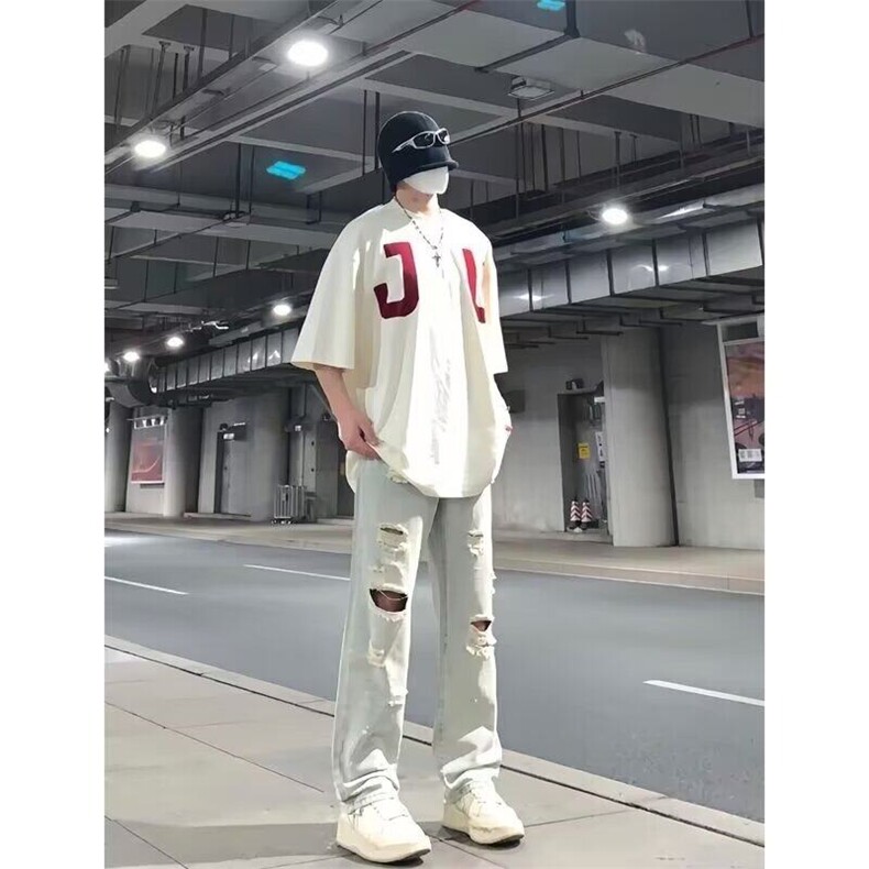 DE0013-P45现货破洞水洗牛仔裤男美式潮牌直筒裤潮-网图现货图片