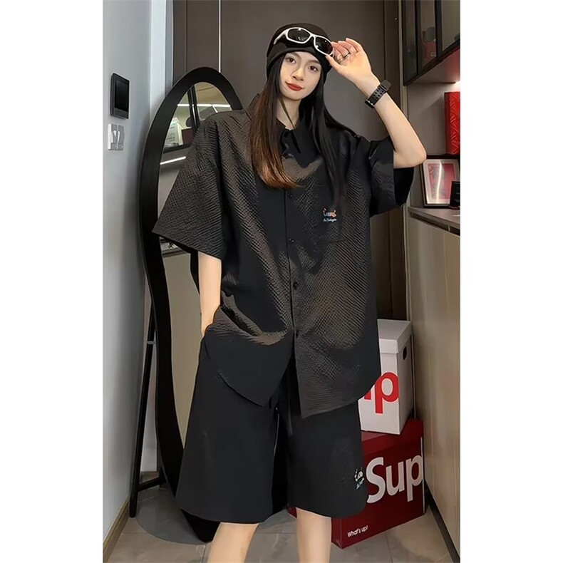 GENIOLAMODE腊肠小狗刺绣短袖衬衫套装男冰感夏季穿搭一整套帅气，男装衬衫，星座1210-1