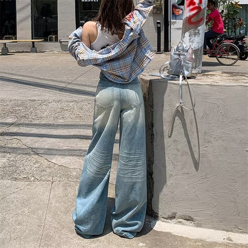 美式浅色破洞阔腿牛仔裤女2025年新款折痕水洗高腰垂感宽松拖地,男装牛仔裤,星座506A