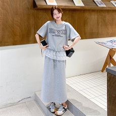 盐甜系蕾丝拼接字母T恤半身裙套装女2025夏季新款韩版宽松两件套，女装套装/套裙，2C095