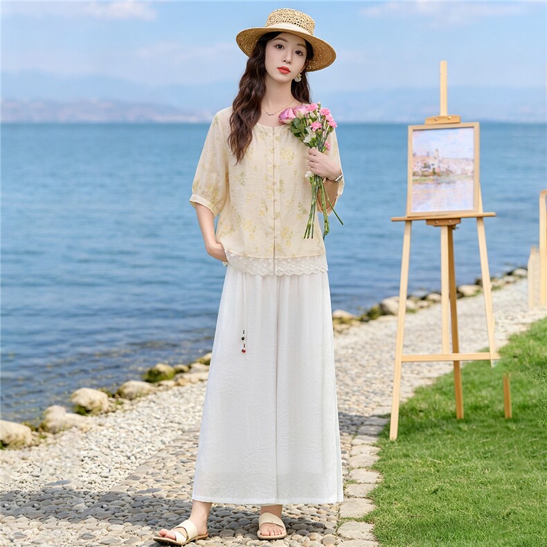 2026年夏季时尚气质印花小衫阔腿裤两件套女,女装套装/套裙,依路服饰