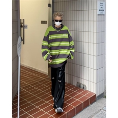 日系男装秋冬复古宽松慵懒风圆领条纹拼色休闲中性针织毛衣男，男装针织衫/毛衣，星座716-2