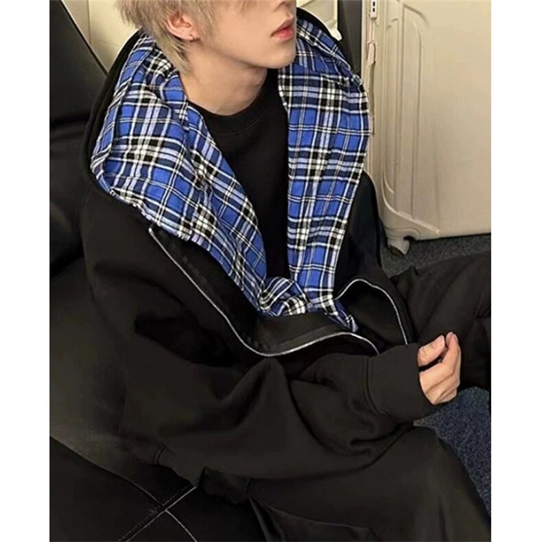假两件格子开衫卫衣男春秋设计感初秋穿搭慵懒风开衫外套 MY131图片