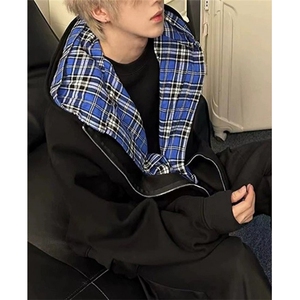 假两件格子开衫卫衣男春秋设计感初秋穿搭慵懒风开衫外套 MY131图片