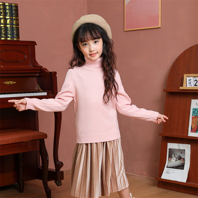 新款儿童高领毛衣女童加厚保暖针织衫纯色简约百搭长袖打底衫，童装毛衣，越洋羊