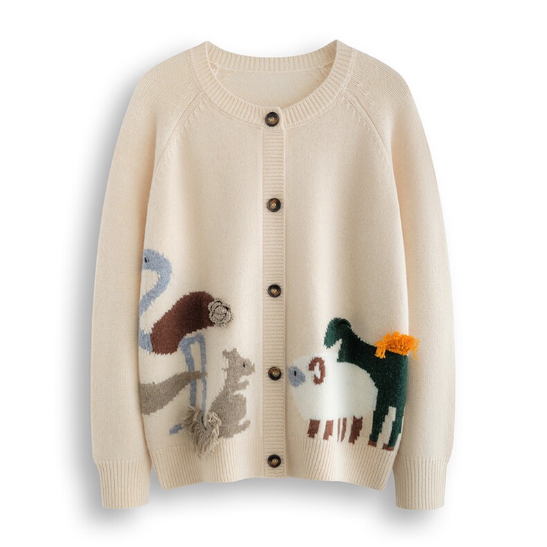 2025秋冬百搭时尚简约动物园提花开衫羊绒衫，女装羊绒衫，绒默