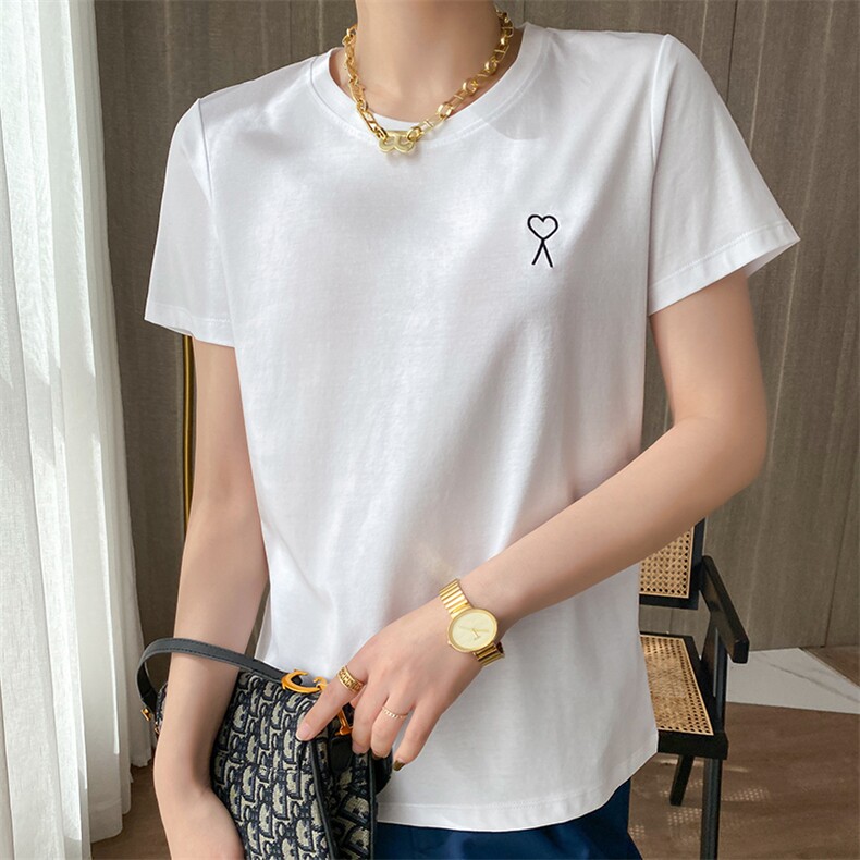 爱心线条图案简约大方圆领短袖，女装T恤，元素羊绒