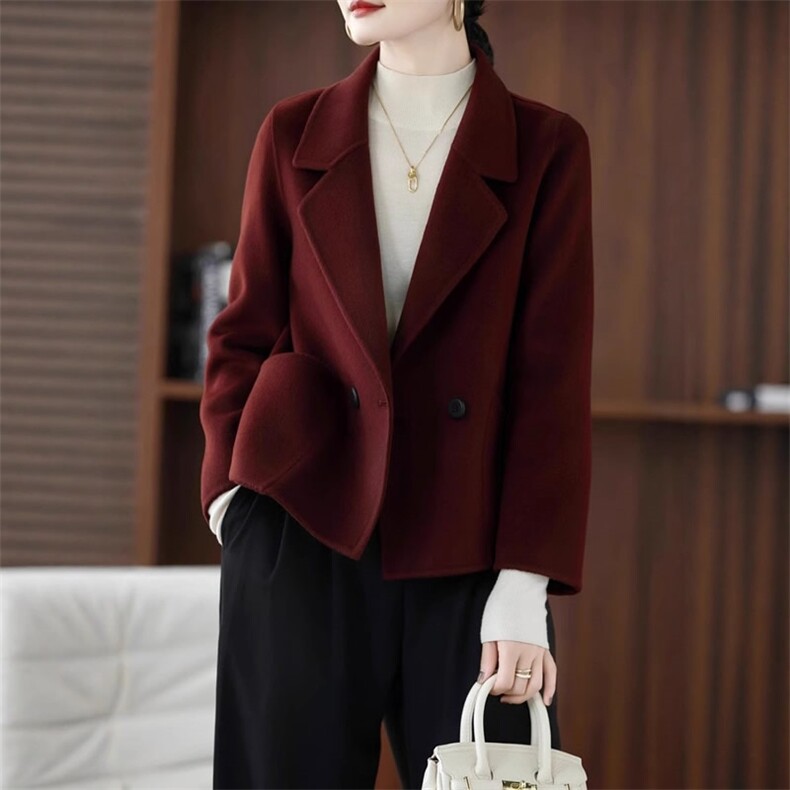 春秋新款大衣常规款高端西装女士小个子毛呢外套,女装双面呢大衣,赛欧妮
