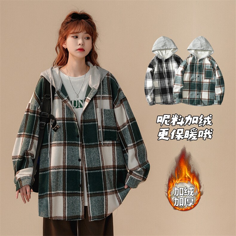 冬款呢料磨毛连帽中性风衬衫男加绒加厚衬衣外套J25858J加绒-P60，男装衬衫，电商A001-1