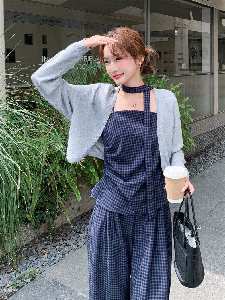 洋气时髦设计感复古格纹套装女2026春夏新款开衫吊带阔腿裤三件套,女装套装/套裙,艾米莉亚
