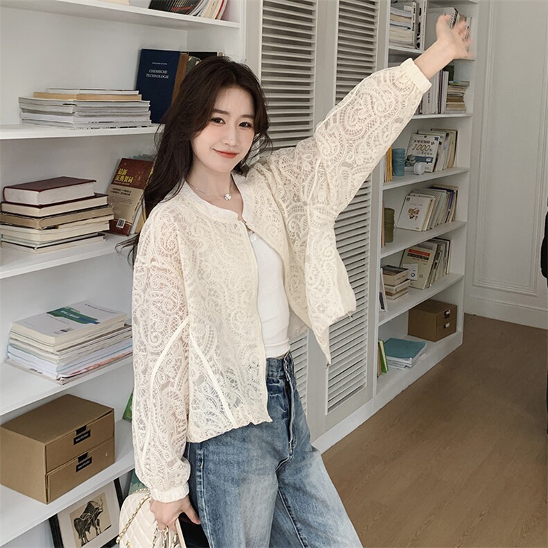 米白色重工艺辣妹微透蕾丝刺绣印花夹克上衣女春新款小个子短外套，女装短外套，米莱