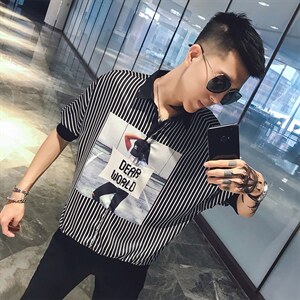 2026夏季小伙竖条纹蝙蝠袖宽松套头五分袖衬衣男C054/P58控78图片