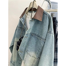 pu皮拼接牛仔外套男女春秋冬潮街头宽松BF翻领工装夹克HH49P77，男装工装外套，星座1013-5
