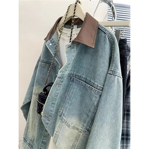 pu皮拼接牛仔外套男女春秋冬潮街头宽松BF翻领工装夹克HH49 P77图片