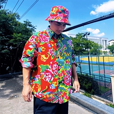 PC203长袖拼接东北大花风民族牡丹大花撞色AB版衬衫团队表演，男装民族服装，星座115A-2