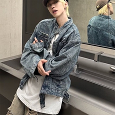 复古水洗垫肩拼接牛仔外套金属夹克设计感hiphop上衣LJK022-p78，男装工装外套，星座1008