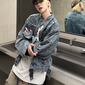 复古水洗垫肩拼接牛仔外套金属夹克设计感hiphop上衣LJK022-p78图片