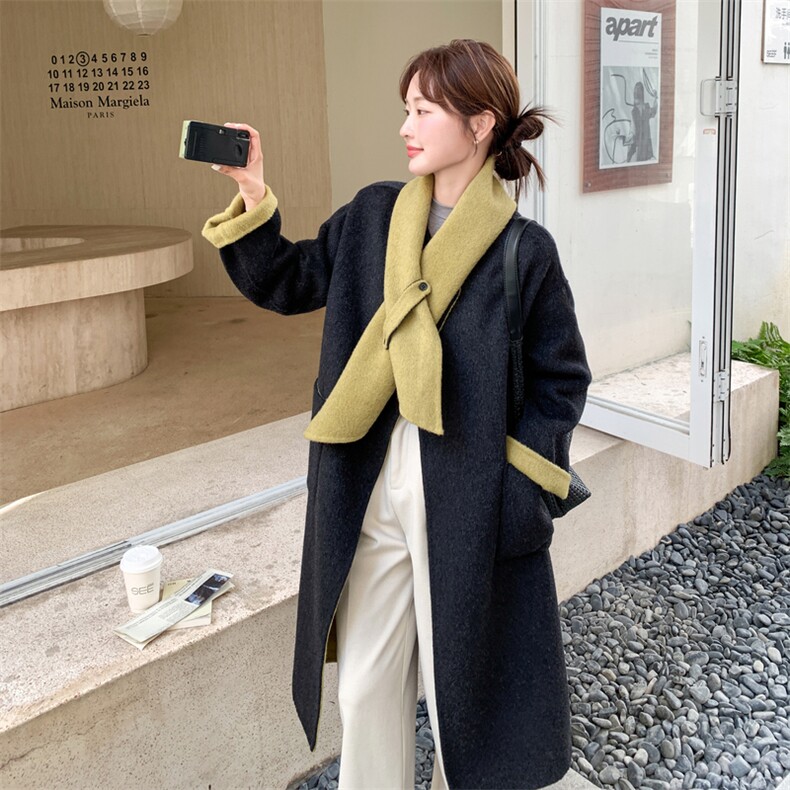 围脖式保暖双面呢羊毛黑色大衣外套女冬季2025新款爆款高级感超火,女装毛呢外套,2C095