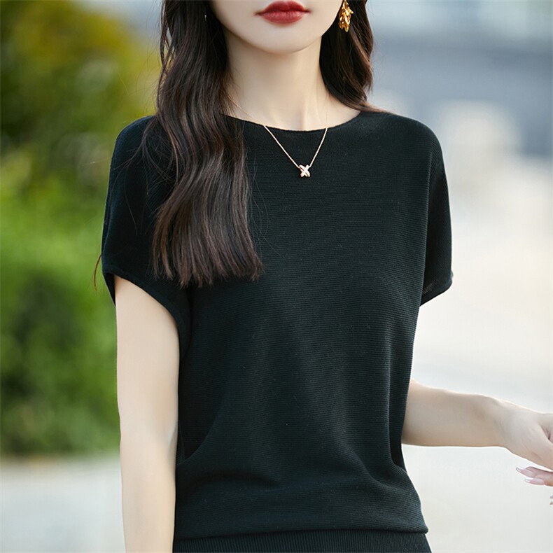 夏季薄款莱赛尔天丝针织衫短袖女圆领冰丝上衣宽松半袖T恤打底衫,针织衫/毛衣,佳绒包芯纱店